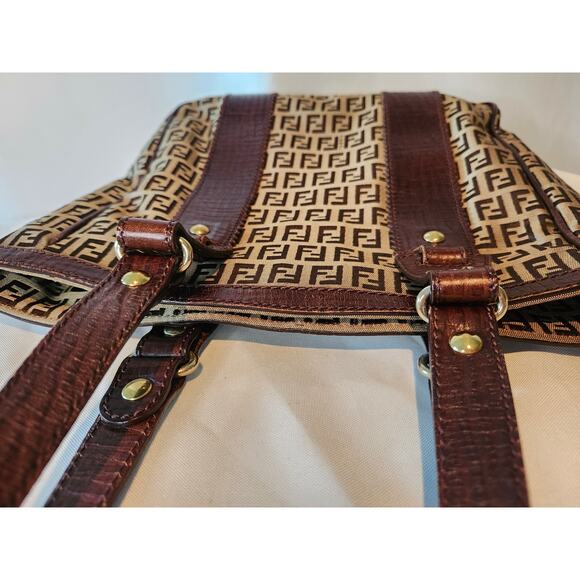 Fendi Western Zucchino Tote Shoulder Bag Brown Canvas and Leather Trim Vintage - Picture 8 of 15